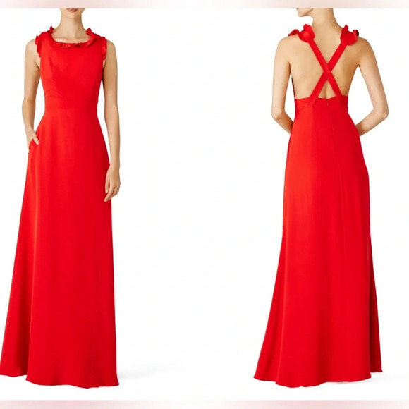 Jill Jill Stuart Red Ruffle Crossback Gown Crepe Red Evening Formal NWT Size 8 - Picture 3 of 11